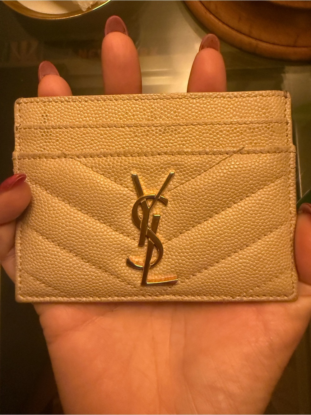 Yves Saint Laurent Cream Quilted Card Holder with Gold YSL Monogram